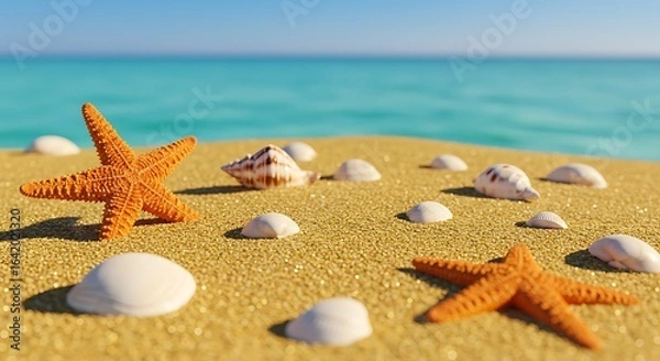Fototapeta Two vibrant starfish and scattered seashells resting on a serene tropical beach by the sea.