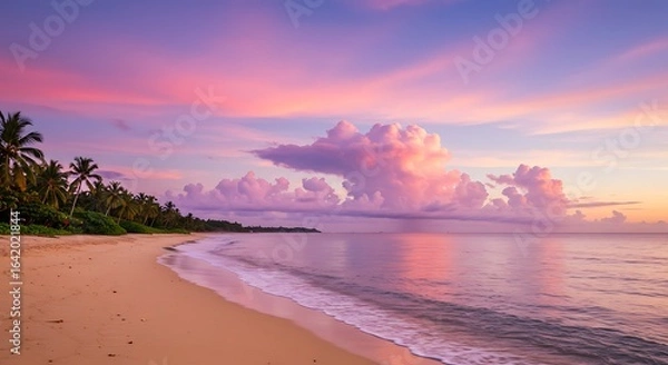 Fototapeta Serene tropical paradise beach with dramatic colorful clouds reflecting in the ocean at sunrise.