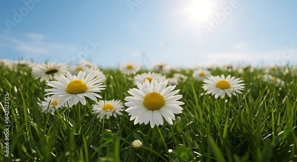 Fototapeta Low angle view of a daisy flower meadow with fresh green grass under a bright sun and blue sky.