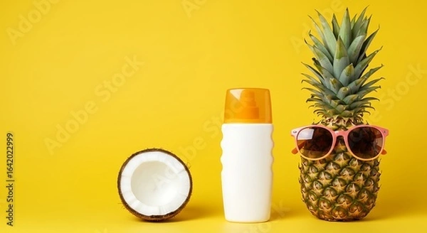 Fototapeta Tropical summer essentials with a cool pineapple, coconut, and sunscreen on a vibrant background.