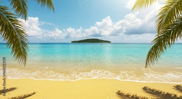 Fototapeta Idyllic tropical paradise beach with golden sand, turquoise water, and a remote island view.