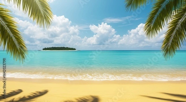 Fototapeta Idyllic sunny day on a tropical beach with calm ocean waves and a remote island on the horizon