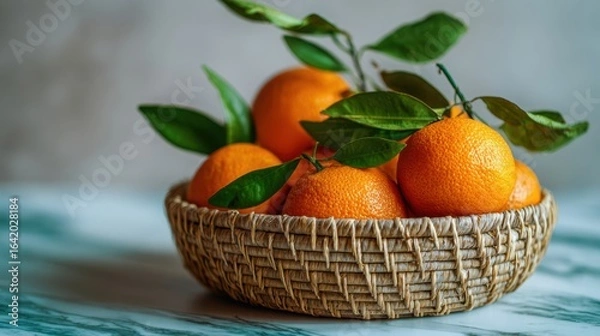 Fototapeta The vibrant oranges arranged beautifully in a woven basket on a marble table.
