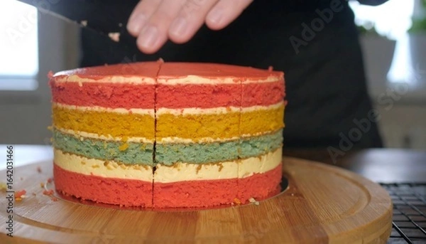 Obraz Multicolored layered cake slicing