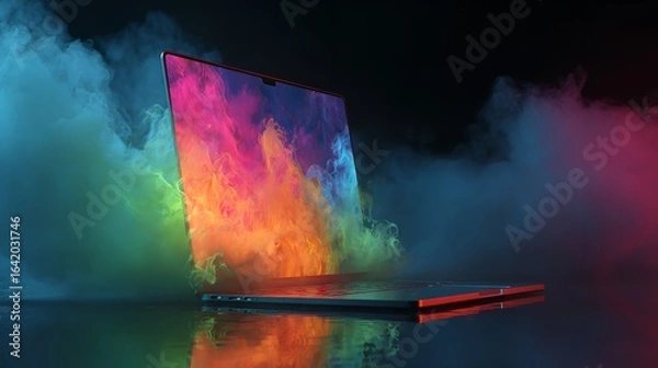 Obraz Laptop, fire, dark, studio, smoke, technology, gaming, reflection, power