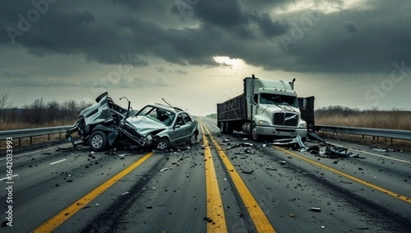 Fototapeta A devastating car and semi-truck accident on a highway creates a scene of destruction and chaos.