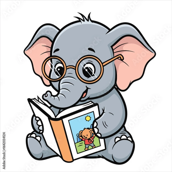 Fototapeta Happy Cartoon Elephant Reading Book Clipart for Nursery Decor and School Learning Materials