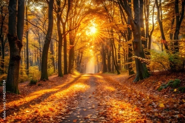 Fototapeta A sunlit path winds through an autumn forest, with golden sunlight filtering through trees and illuminating fallen leaves