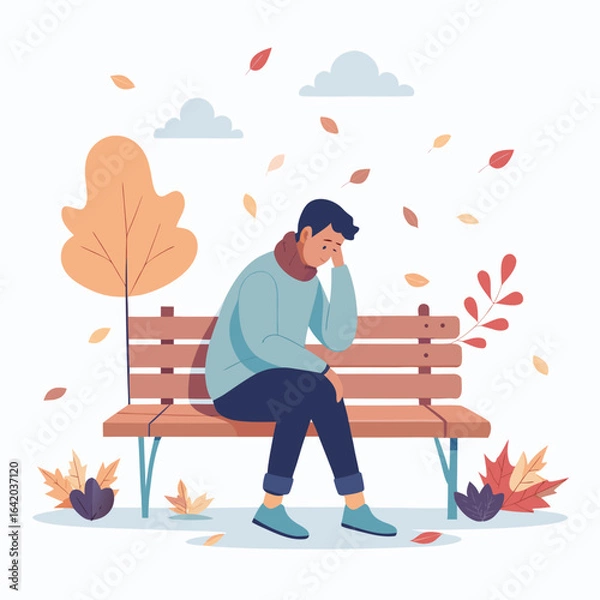 Obraz Heartbroken Person Sitting Alone on Park Bench with Fallen Leaves Vector Illustration