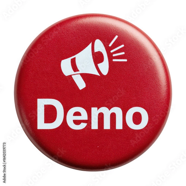 Fototapeta Red button with megaphone and demo text isolated on transparent background