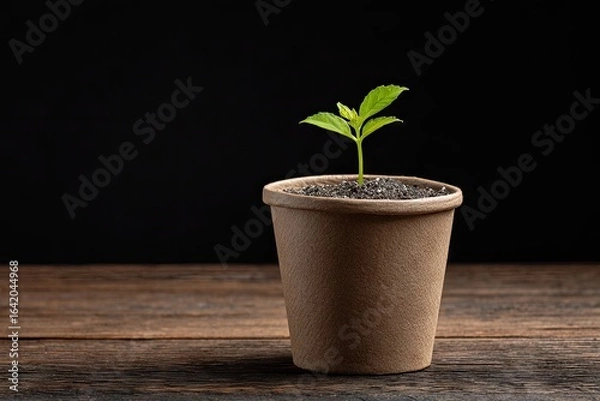 Fototapeta Small sprout in a recycled paper pot.