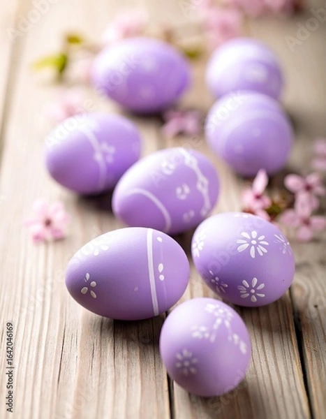 Obraz Easter eggs spring flowers light purple wooden