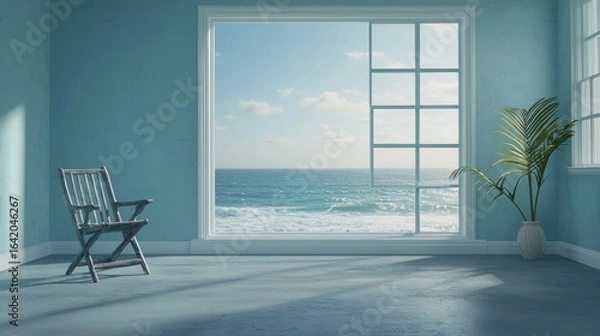 Fototapeta Empty room with ocean view and a vintage chair.