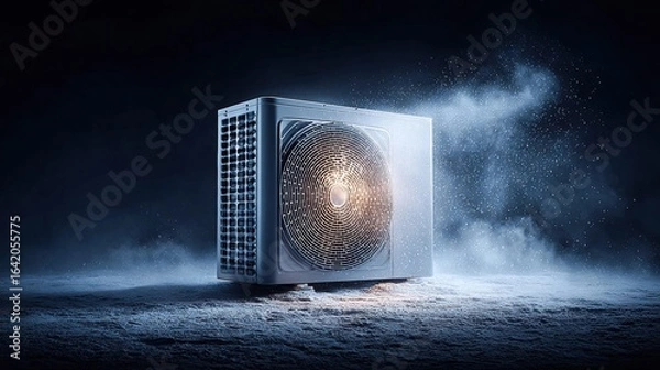 Fototapeta The heat pump, enveloped by a frosty atmosphere, suggests energy-efficient climate control.