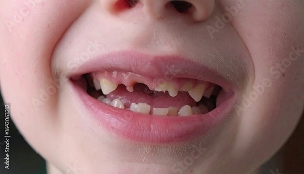 Fototapeta A close-up of a child's open mouth reveals missing and partially erupted permanent teeth alongside existing baby teeth.