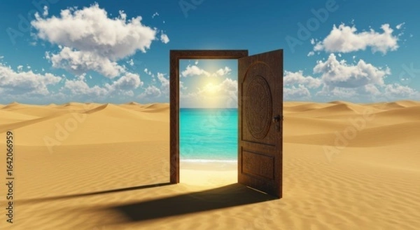 Fototapeta Doorway to Paradise: An inviting door stands ajar amidst the arid expanse of the desert, revealing a serene vista of crystal-clear water, hinting at a hidden oasis of tranquility.
