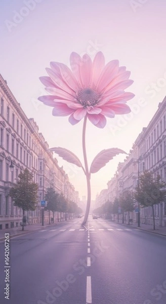 Fototapeta Urban Bloom: A surreal cityscape, where a giant flower blooms in the center of the road, bringing a touch of nature's elegance amidst the urban landscape. Capturing a dreamlike serenity.