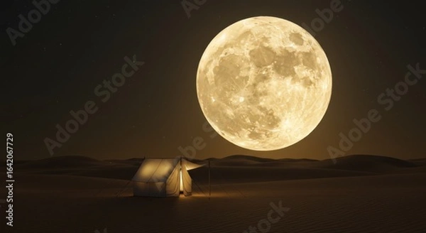 Fototapeta Celestial Camp Under the Moon: A solitary tent glows warmly under the luminous gaze of a full moon, the vast desert landscape casting long shadows and whispering tales of solitude and wonder.