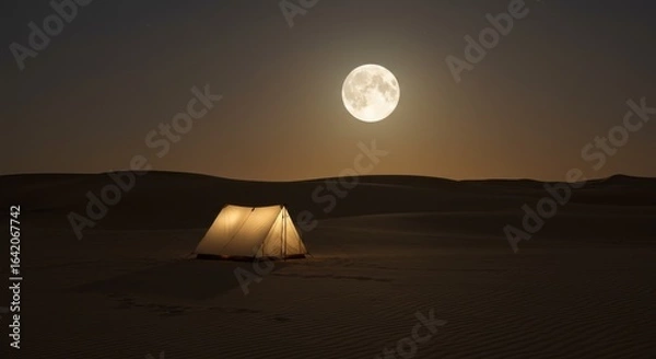 Fototapeta Desert Camp Under Moonlight: a solitary tent in the serene desert under the full moon. a magical night of outdoor camping. A visual of peaceful escapism.