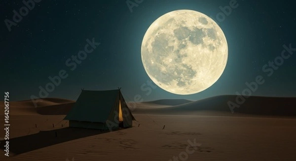 Fototapeta Desert Camp Under Moonlight: A solitary tent, illuminated by the soft glow of interior light, stands serenely amidst rolling dunes under the vast expanse of a moonlit sky.