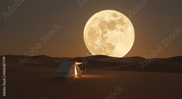 Fototapeta Camping Under Moonlight: A solitary tent glows softly under the massive, luminous presence of the full moon over a serene desert landscape, a beacon of tranquility and the vastness of the universe.
