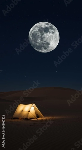 Fototapeta Moonlit Oasis: A solitary tent glows warmly beneath the enchanting glow of a full moon. Capture the serene ambiance of a night spent camping in the desert. 