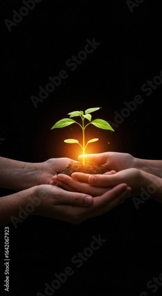 Fototapeta Nurturing Growth: Two hands delicately cradle a vibrant seedling, its tender leaves reaching towards the light, symbolizing growth and new beginnings. 