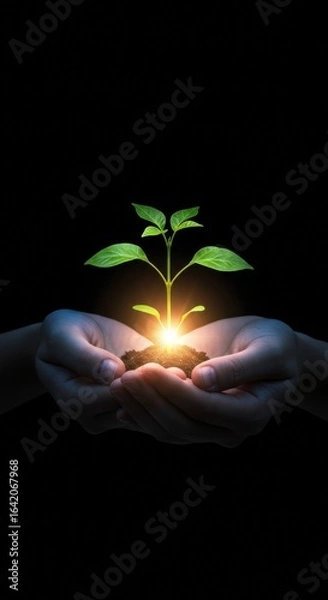 Fototapeta Nurturing Growth: Tender hands cradle a young sprout, symbolizing new beginnings, sustainability, and the tender care required for growth in a visually stunning image with dark background.