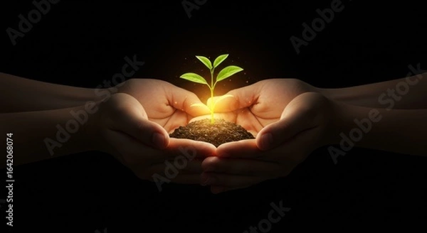 Fototapeta Nurturing Growth: A Pair of Hands Cup a Seedling, Symbolizing Care and Environmental Stewardship