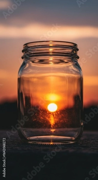 Fototapeta Sunset in a Jar: A unique capture of a vibrant sunset, perfectly preserved within a clear glass jar, set against a stunning gradient sky background.