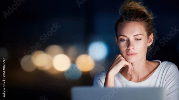 Fototapeta Blonde woman working late on her laptop, focused and thoughtfully analyzing the screen in the night.