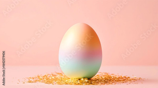 Obraz Pastel rainbow Easter egg on gold leaf flakes against a soft pink background