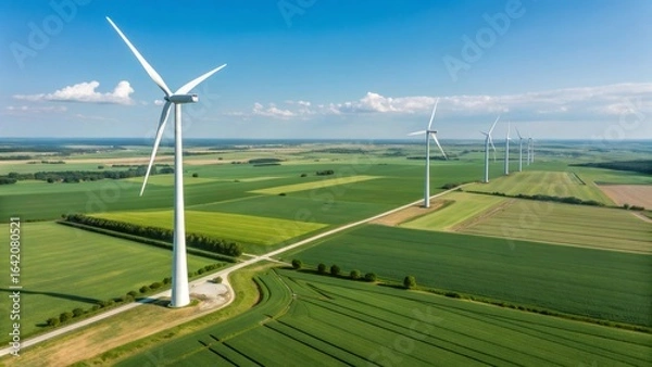 Fototapeta Aerial view of wind turbines generating renewable energy in a vast green field, promoting sustainable practices and clean power generation