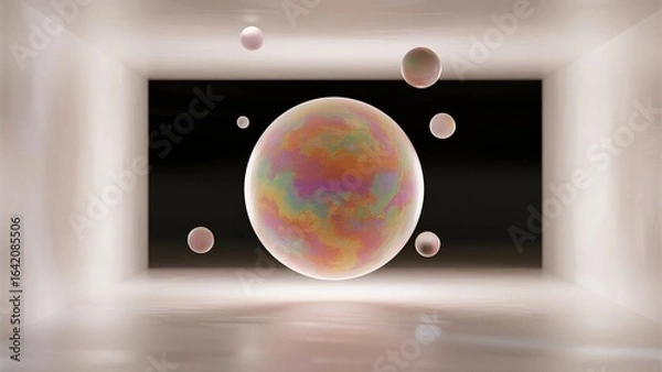 Fototapeta Abstract Digital Art with Floating Colorful Planets in White Room