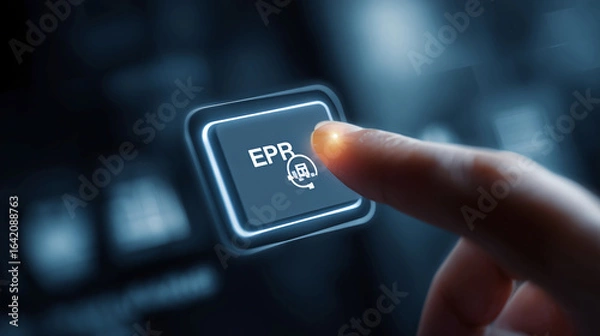 Fototapeta Finger pressing a glowing EPR button with a recycling icon on a dark, blurred background.