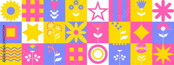 Fototapeta A vibrant geometric design showcases various flowers and shapes in pastel pink, yellow, and blue hues, creating a cheerful and artistic atmosphere ideal for creative projects.
