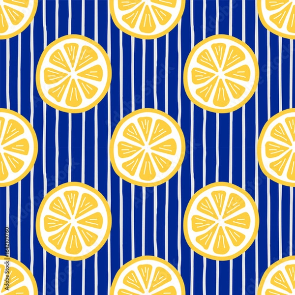 Fototapeta Citrus fruits seamless pattern. Yellow lemon slices on the striped blue  backdrop. Lined mediterranean coastal summer wallpaper design. EPS 10 vector background.