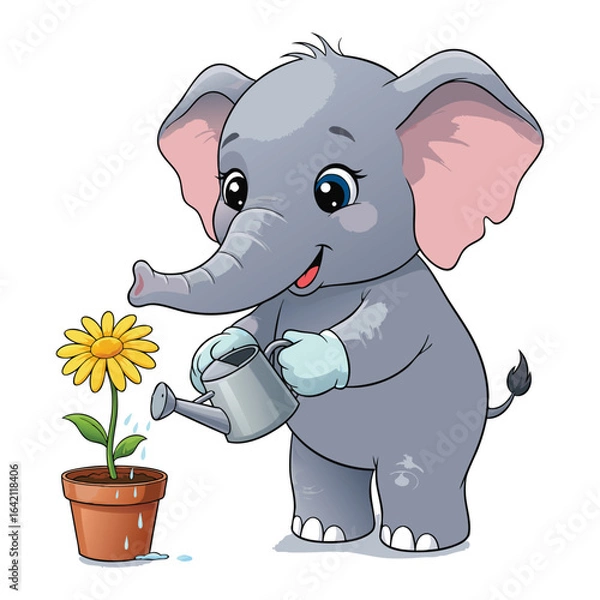 Fototapeta Adorable Baby Elephant Character with Watering Can and Flower Pot Illustration for Children’s Learning