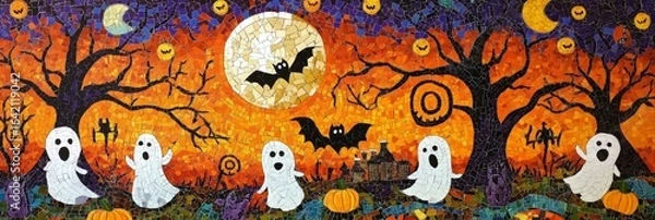 Fototapeta Halloween scene with ghosts bats moon and trees on an orange background.