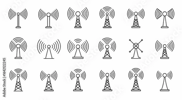 Fototapeta Collection of Communications Towers and Antennas Broadcasting Wireless Signals Illustrating Network Infrastructure Technology 