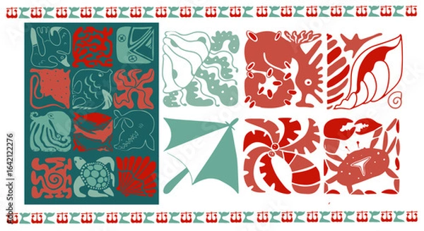 Fototapeta sea, icons, set, vector, design, pattern, illustration,fish,crab,palm, boat, coral,  octopus, shark, starfish, 