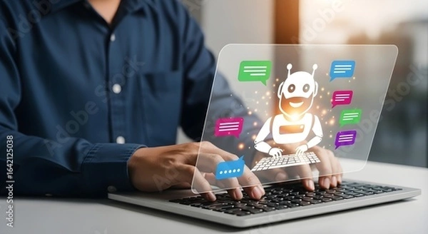 Fototapeta A person typing on a laptop with a transparent screen displaying chat bubbles and a robot icon