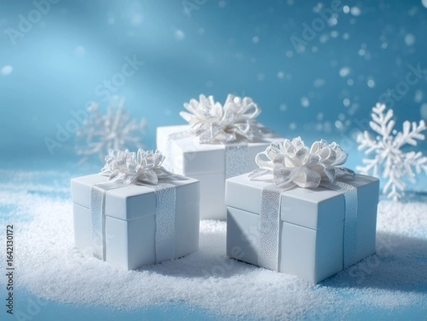 Fototapeta 雪景色とリボン付きプレゼントボックス