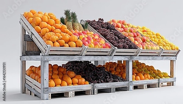 Fototapeta Wooden fruit display stand with various fruits.