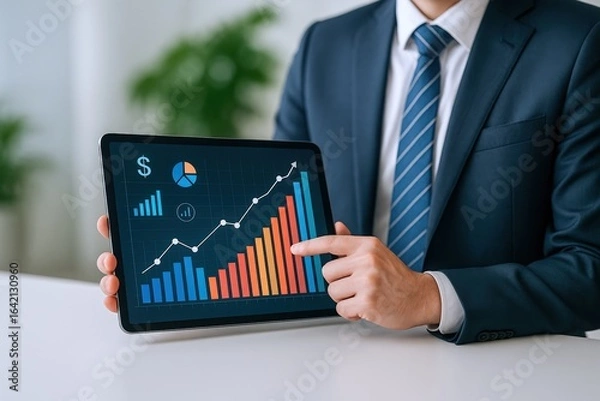 Fototapeta Business Professional Presenting Growth Chart on Tablet, Demonstrating Success and Positive Market Trends