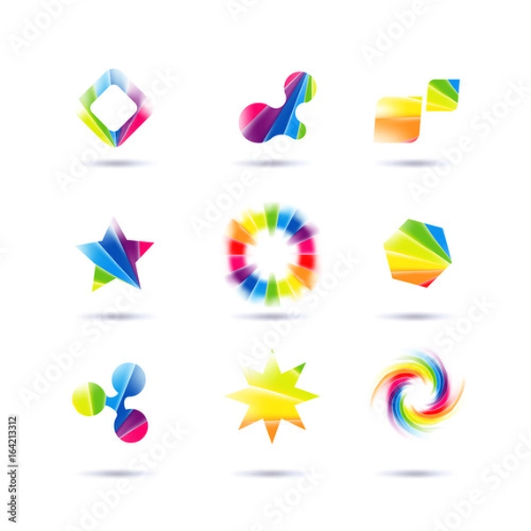 Fototapeta Set of minimal geometric multicolor symbols and shapes. Trendy icons and logotypes. Business signs symbols, labels, badges, frames and borders