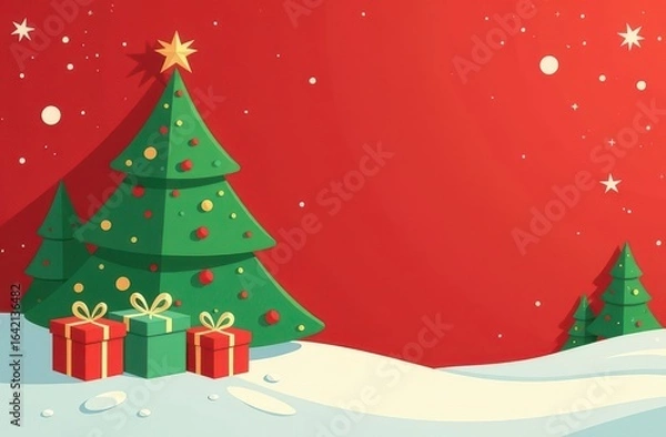 Fototapeta Flat illustration of Christmas scene featuring decorated trees, snow-covered ground, and gift boxes on a bright red background