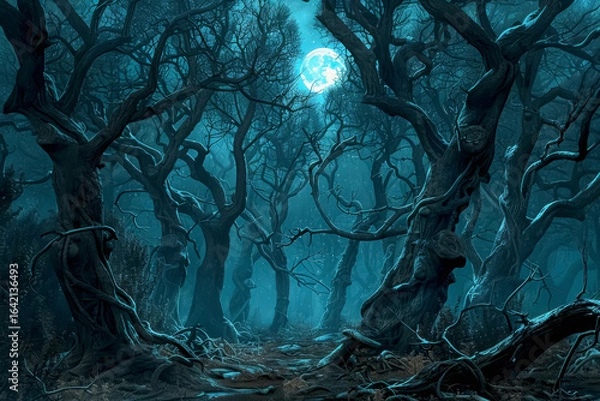 Fototapeta Dark enchanted forest with twisted trees under a glowing full moon, creating an eerie atmosphere