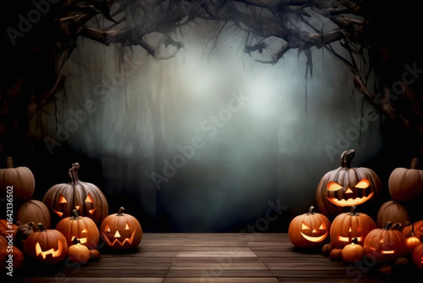 Fototapeta Halloween-themed scene featuring carved pumpkins with various expressions, set against a misty forest backdrop. Copy space
