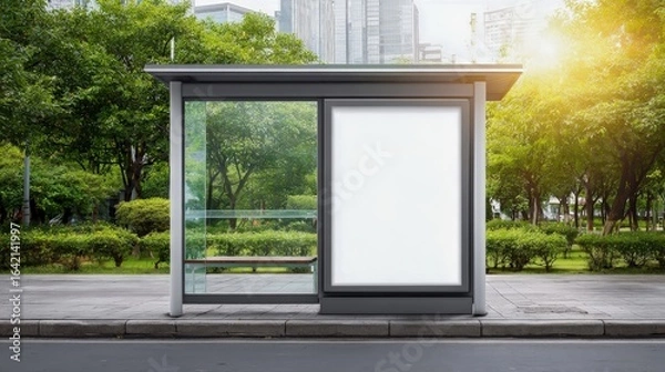 Fototapeta Blank Advertisement Billboard Mockup at Bus Stop, Urban Public Transportation Shelter on Sunny Day
